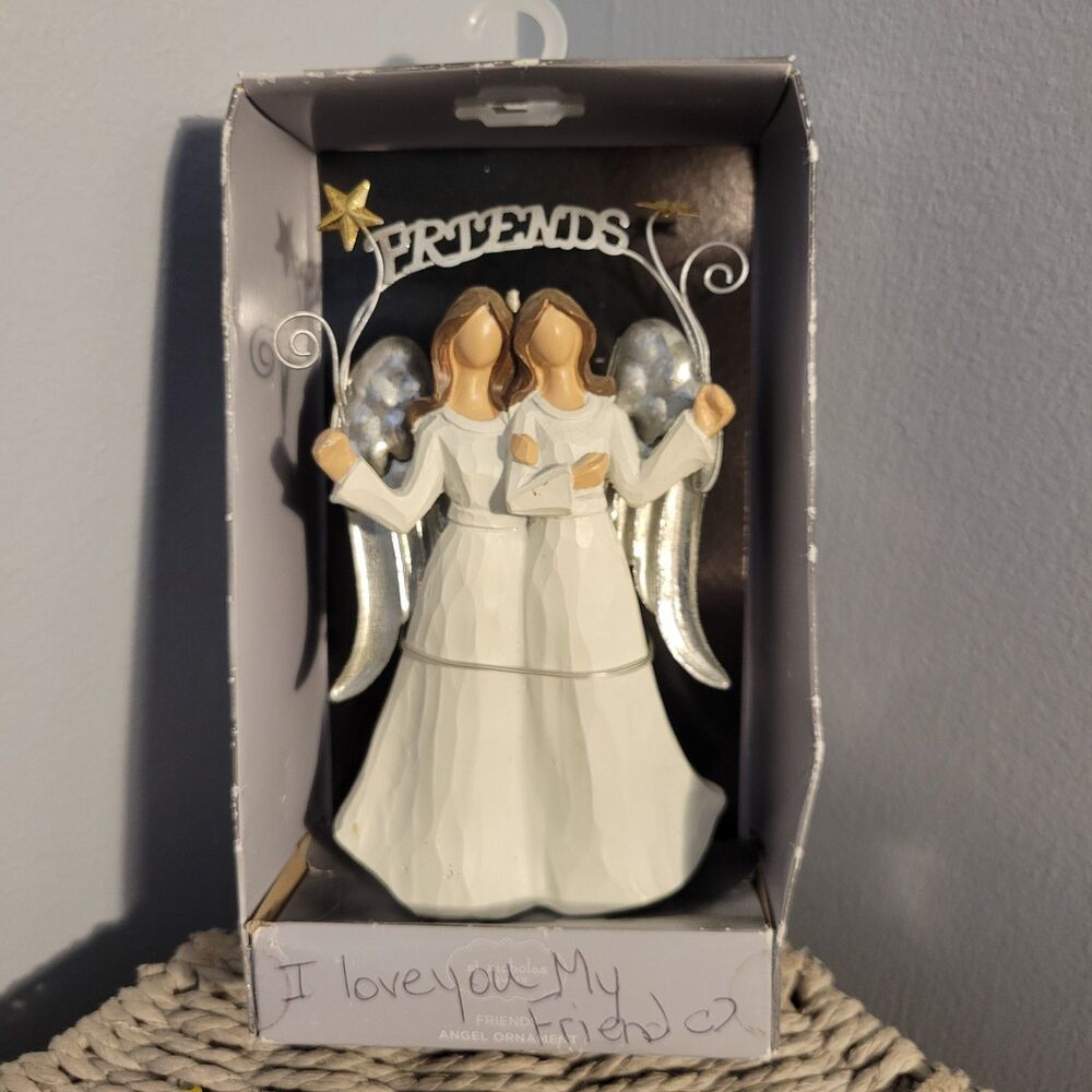St. Nicholas Square "Friends" Angel Ornament Silver Wings" Holding Heart-NEW
